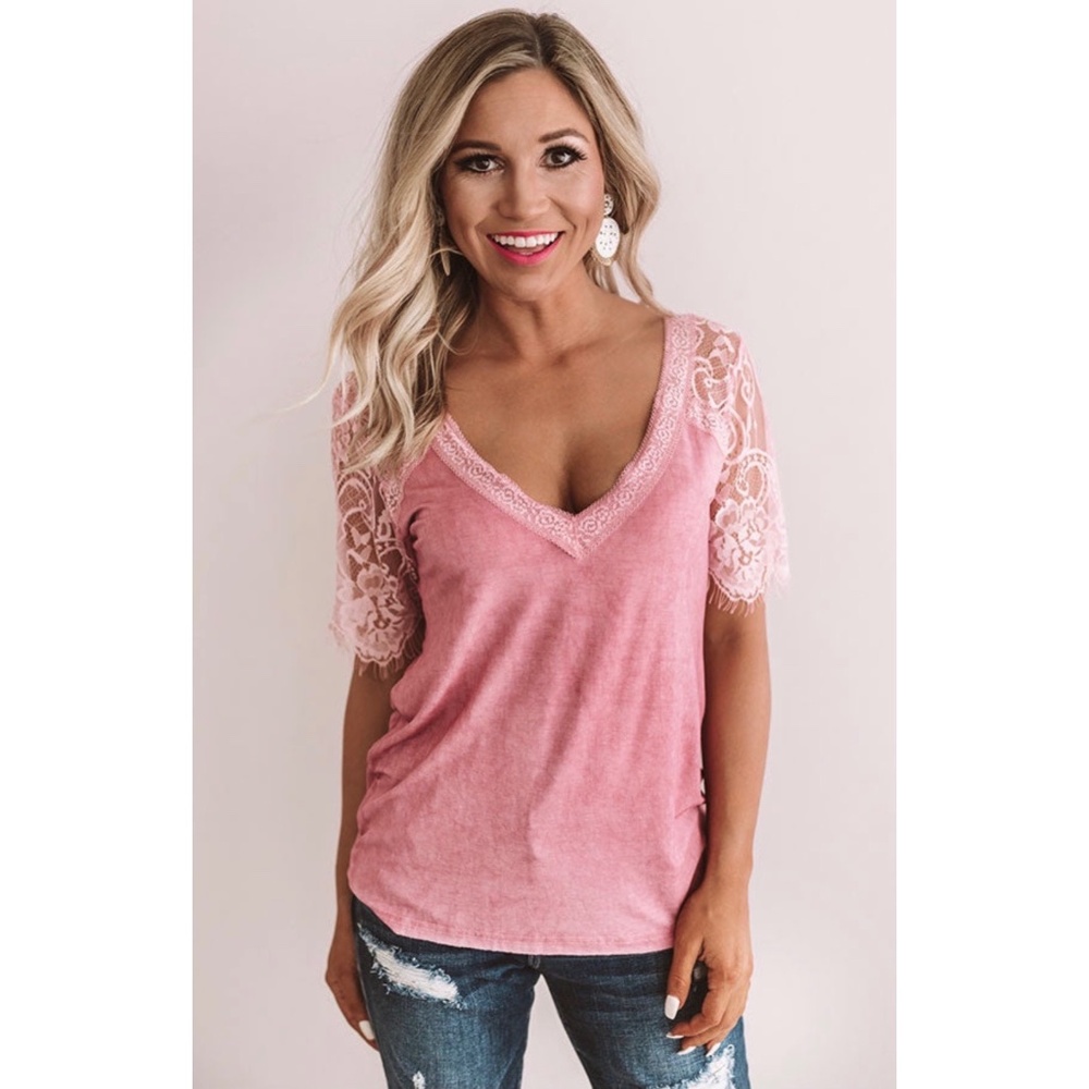 POL Pink Plum V Neck Lace Sleeve Rayon Jersey Tee - Picture 5 of 7